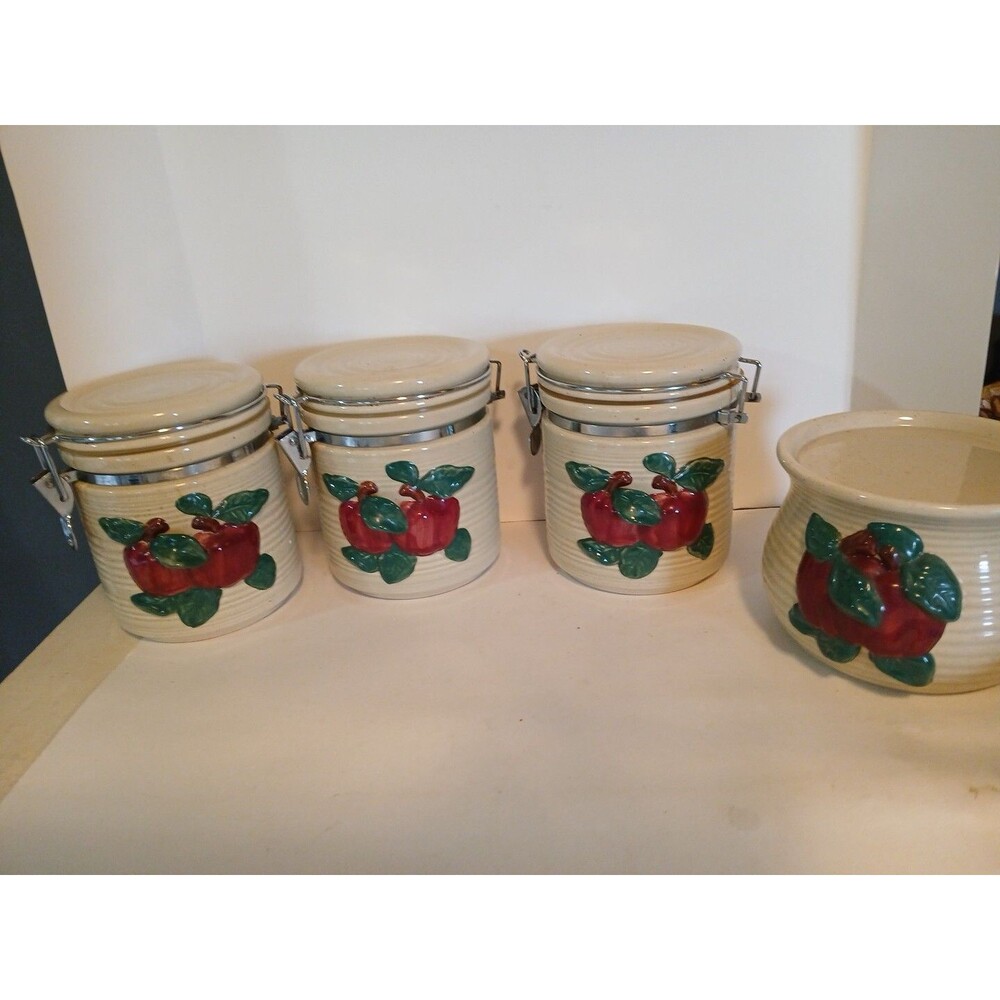 VTG-3 Cracker Barrel Country Apple Canister Set Metal Closure With Candel Holder